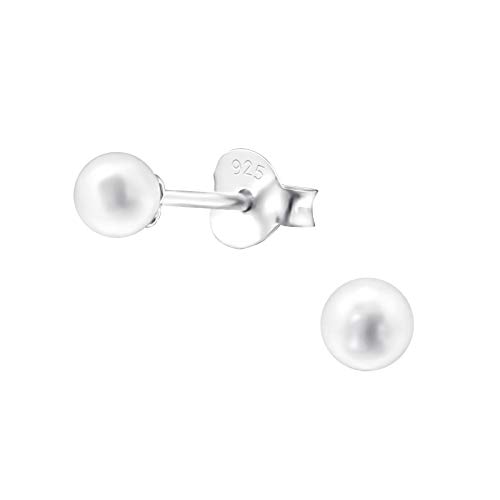 Bungsa weiße PERLEN-Ohrstecker Damen 925 Sterling Silber 4mm WEISS - Ohrringe Set mit weißer Perlkugel - strahlende Ohrringe PERLE zum Stecken aus Echtsilber von Bungsa