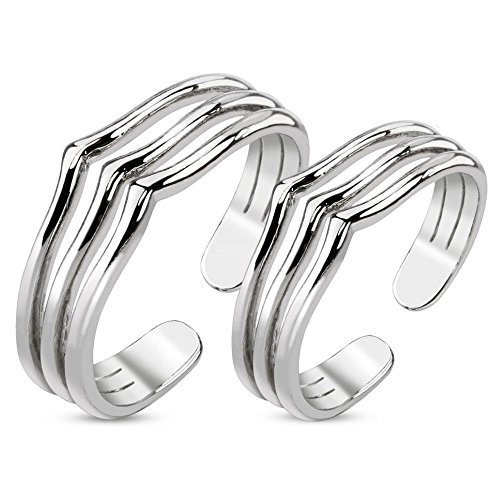 Bungsa 1 Paar ZEHENRINGE DREI Linien Mittelringe Silber - 1 Set Rhodium platinierte, Silberne ZEHRINGE - biegbarer Fussschmuck für Damen & Frauen - Verstellbarer Fussring Toe-Ring Nail Nagelring von Bungsa