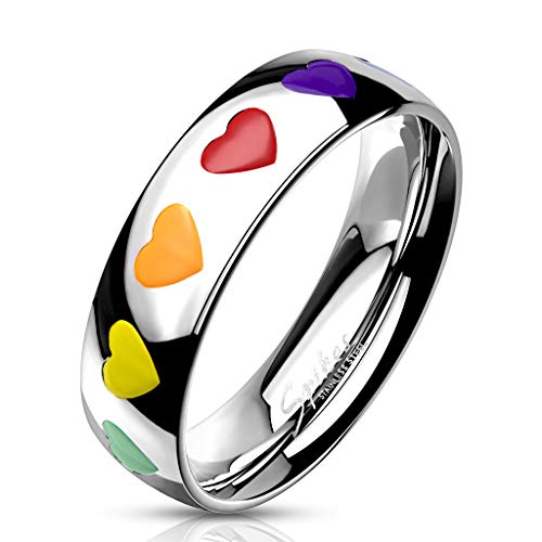 Bungsa 52 (16.6) Regenbogen Herz Ring Damen - silberner EDELSTAHLRING für Frauen mit bunten Herzen - DAMENRING mit grünem, gelbem, orangem, rotem & violettem Herz - Rainbow LGBT Gay Pride von Bungsa