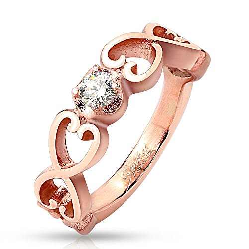 Bungsa 52 (16.6) Ring 6 Herzen mit Kristallstein rosegold rotgold für Damen Vintage (Ring Fingerring Partnerringe Verlobungsringe Trauringe Damenring Edelstahlring Chirurgenstahl) von Bungsa