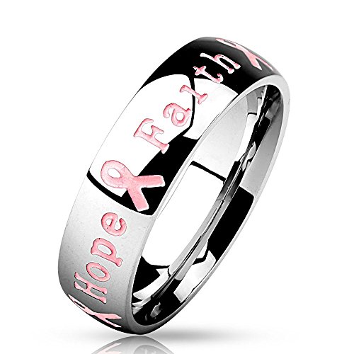 Bungsa 57 (18.1) Ring Gravur - Schmuckring mit graviertem Schriftzug Courage Strength Hope Faith - Brustkrebs Awareness Ring für Damen & Herren - Pink Ribbon Breast Cancer Ring mit Gravur von Bungsa