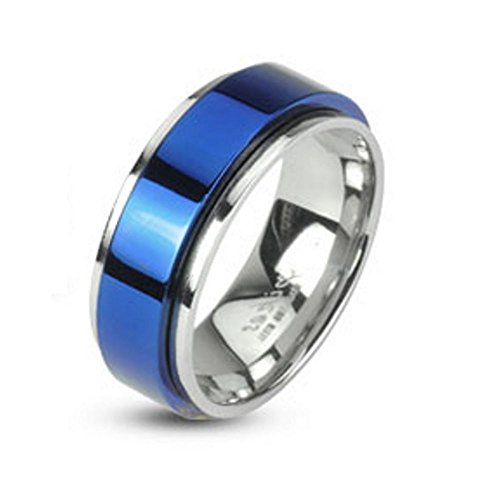 Bungsa 64 (20.4) SPINNER-RING blau-silber - EDELSTAHLRING mit blauem Mittelring für Damen & Herren - blaues Band auf Silberring - edler Schmuckring drehbar für Frauen & Männer/Herren & Damen von Bungsa
