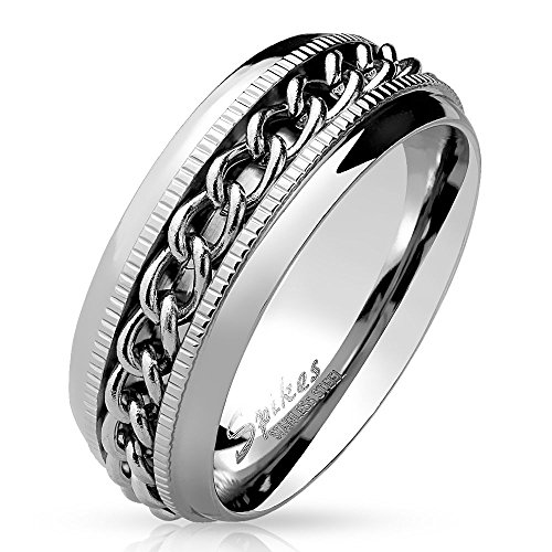 Bungsa 70 (22.3) SPINNER RING Edelstahl silber - Ring für Damen & Herren mit KETTE - drehbarer SCHMUCKRING für Frauen & Männer - EDELSTAHLRING Ketten-Ringe silber von Bungsa