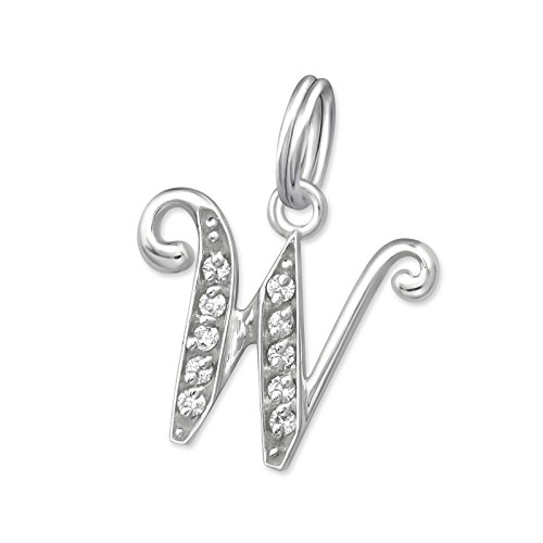 Bungsa BUCHSTABE W Halsketten-Anhänger BUCHSTABEN 925 Sterling Silber mit Kristallen - kleiner BUCHSTABE W CHARM für Bettel-Armband - für Damen, Kinder & Herren - silberner Letter W von Bungsa