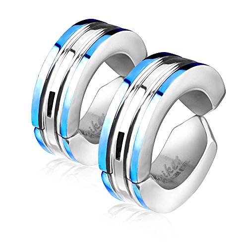 Bungsa Blau Creolen Damen Edelstahl silber mit farbigen Außenringen Clipverschluss - 1 Paar (Ohrstecker Ohrringe Ohrhänger Creolen Ohrschmuck Ohrklemmen Damen Frauen Herren Mode Studs) von Bungsa