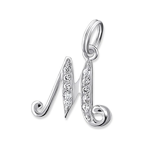 Bungsa Buchstabe M Halsketten-Anhänger Buchstaben 925 Sterling Silber mit Kristallen - Kleiner Buchstabe M Charm für Bettel-Armband - für Damen, Kinder & Herren - Silberner Letter M von Bungsa