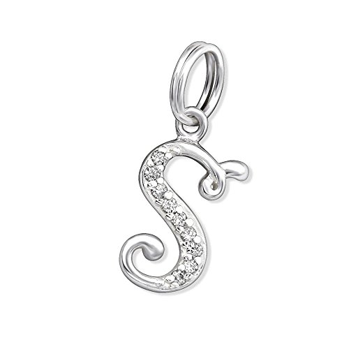 Bungsa Buchstabe S Halsketten-Anhänger Buchstaben 925 Sterling Silber mit Kristallen - Kleiner Buchstabe S Charm für Bettel-Armband - für Damen, Kinder & Herren - Silberner Letter S von Bungsa