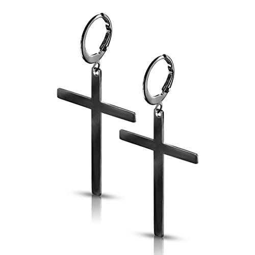 Bungsa Creolen mit großem Kreuz Anhänger aus 316L Edelstahl Unisex (Schwarz) von Bungsa