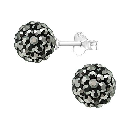 Bungsa Damen Discokugel Ohrstecker 8mm schwarz mit silbernen Kristallen aus .925 Silber - 1 Paar Silber Ohrringe von Bungsa