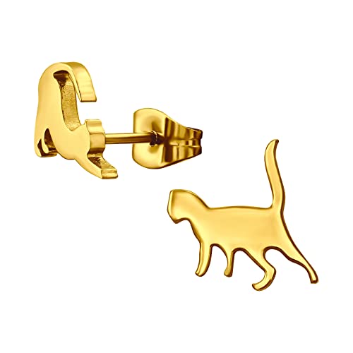 Bungsa Damen-Ohrstecker Katze mit Doppelmotiv goldfarben aus 316L Edelstahl von Bungsa