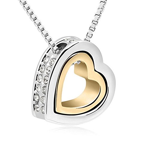 Bungsa Damenkette 45cm Silber Gold Halskette Herz mit Gravur Love You Forever - Zweifarbiger Offener herzförmiger Anhänger mit klarem Strass Besetzt - Kette Frauen Liebe - Heart Necklace Love von Bungsa