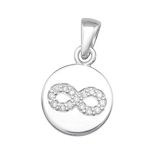 Bungsa KETTEN-ANHÄNGER RUND mit Unendlichkeit-Zeichen und Kristallen aus .925 Sterling Silber - für Damen, Kinder & Herren von Bungsa