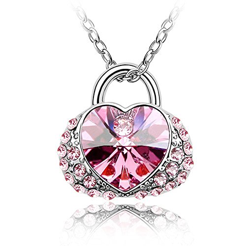 Bungsa "KEY TO THE HEART" Damenkette 45cm silberfarben - herzförmiger Anhänger mit großem KRISTALL & Strass in rosa - Halskette Frauen Herz LIEBE silber - necklace crystal silver pink LOVE von Bungsa