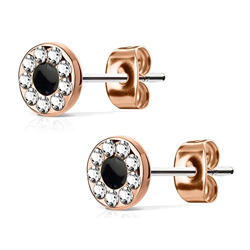 Bungsa KRISTALL-OHRSTECKER SET Rosegold - runde Ohrringe mit klaren Steinen - EDELSTAHL Ohrstecker in Rose-gold 6mm - Ohr-Schmuck für Damen& Herren - 1 Paar Zirkonia Ohrstecker rund rosé von Bungsa