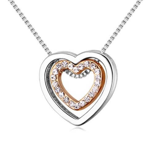 Bungsa Kette Herz in Herz Damen 45cm Silber Rosegold - Offener Zweifarbiger Anhänger mit klarem Strass Besetzt - Frauenkette Halskette - Necklace Silver redgold Crystals Heart Liebe Love Amore von Bungsa