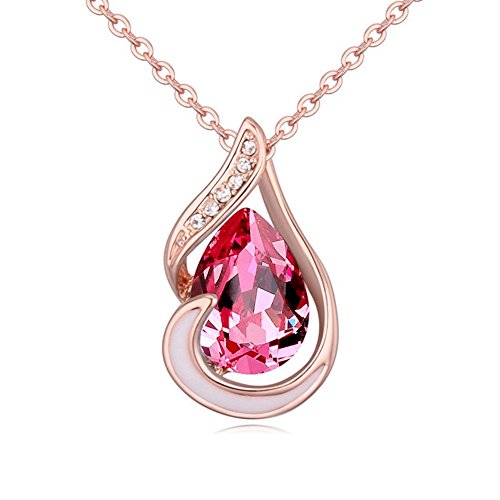 Bungsa Kette "PINK TEAR" Damenkette rotgold farben 45cm - offener Anhänger mit fuchsiafarbenem KRISTALL in Tropfen Form & klarem Strass - Halskette Frauen rosa - necklace red gold crystals pink von Bungsa