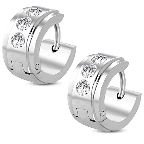 Bungsa Kristall Ohrcreolen silber 3 Zirkonia Steine 7mm - 1 Paar Klappcreolen Edelstahl (Ohrstecker Ohrringe Ohrhänger Huggie Ohrschmuck Ohrklemmen Damen Frauen Herren Mode) von Bungsa