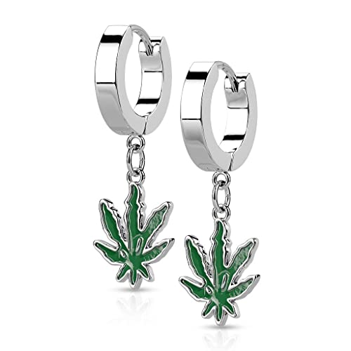 Bungsa Ohrstecker Creolen silber mit Anhänger Hanf Marihuana/Cannabis Design aus 316L Edelstahl von Bungsa