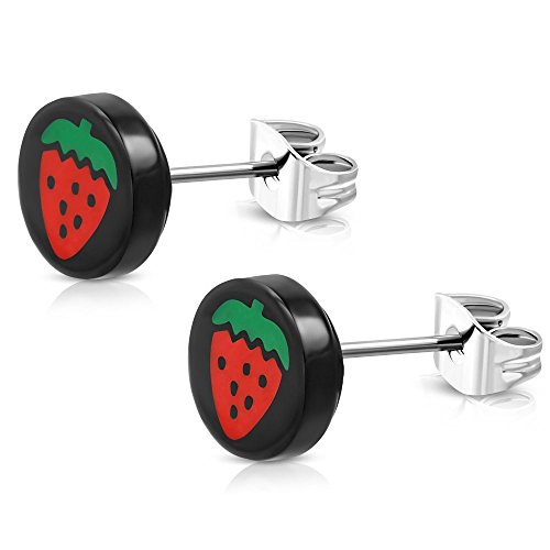 Bungsa Ohrstecker ERDBEEREN Damen & Kinder schwarz/bunt - runde Ohrringe mit ERDBEEREN - nickelfreier EDELSTAHL Ohrschmuck für Frauen & Mädchen von Bungsa
