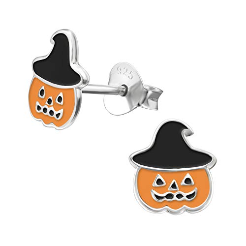 Bungsa Ohrstecker Halloween-Kürbis mit Hexenhut für kleine und große Kinder aus .925 Sterling Silber von Bungsa