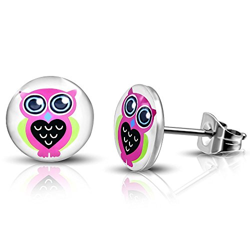 Bungsa Pinke Eule Ohrstecker niedlich silber 10mm - 1 Paar Edelstahl (Ohrringe Ohrschmuck Ohrklemmen Owl Damen Frauen Herren Mode Studs Earrings) von Bungsa