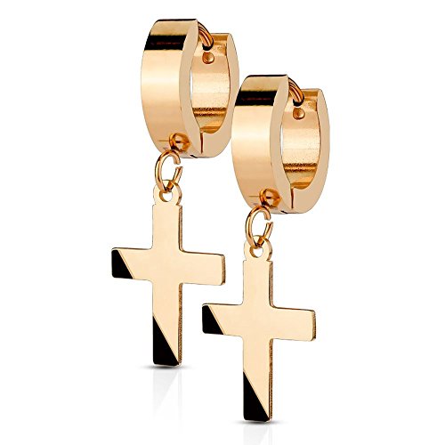 Bungsa ROSEGOLDENE Creolen mit ANHÄNGER KREUZ - Ohrringe Set in rosegold - aus EDELSTAHL - Klappcreolen Ohrschmuck für Damen & Herren - Ohrstecker Kreolen mit Kreuz von Bungsa