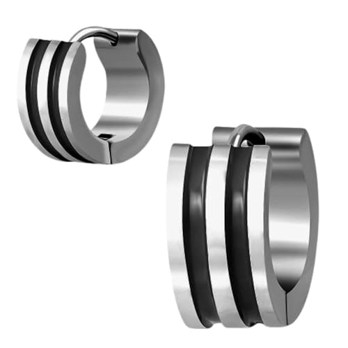 Bungsa Silberne Creolen Ohrringe mit 2 schwarzen Zierstreifen aus Edelstahl Unisex von Bungsa