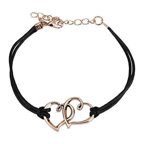 Bungsa schwarzes Freundschafts-Armband mit 2 rosegoldenen Herzen aus Leder - BFF-Armband für Frauen & Männer von Bungsa