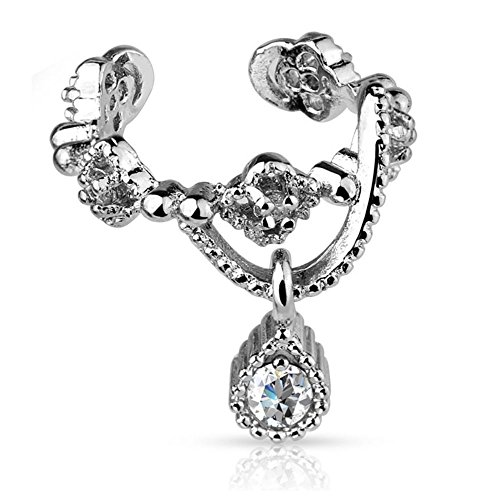 Bungsa Ornament Ear Cuff Clip Kette mit Kristallanhänger silber (Ohrstecker Conch Fake Piercing Studs Ohrringe Ohrhänger Ohrschmuck Ohrklemmen Damen Frauen Herren Mode) von Bungsa