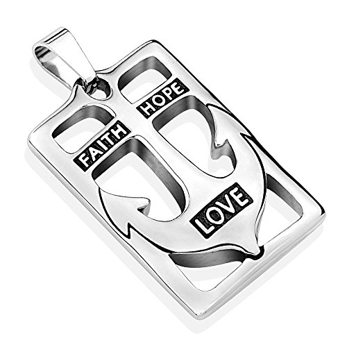 Bungsa Kettenanhänger "Faith, Hope, Love" in Anker Form rechteckig silber Edelstahl (Anhänger Pendant Charm Beads Chirurgenstahl Damen Herren Schmuck Liebe Hoffnung Glaube) von Bungsa