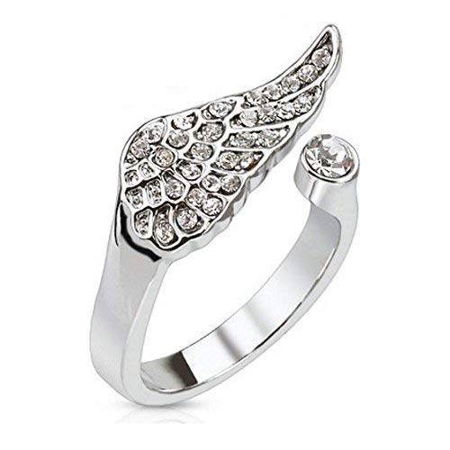 Bungsa Silberner Mittelring Engelsflügel mit Stein Zirkonia Kristall Angel Wing Zehenring Rhodium platiniert von Bungsa