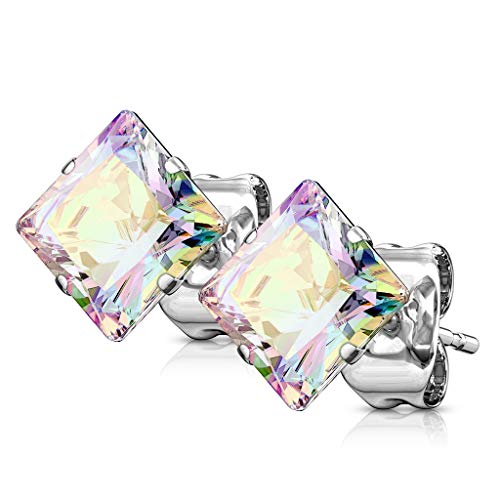 Bungsa Regenbogen AB Zirkonia Ohrstecker Kristall quadratisch Edelstahl Prinzessin Schliff 1 Paar für Damen (Ohrstecker Ohrringe Ohrhänger Creolen Ohrschmuck Ohrklemmen Damen Frauen Herren Mode) von Bungsa