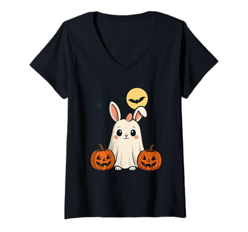 Damen Halloween-Kostüm Bunny Ghost Witch für Herren, Damen und Kinder T-Shirt mit V-Ausschnitt von Bunny Ghost Witch Halloween Costume