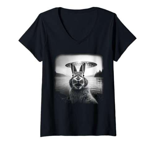 Damen Bunny Selfie with UFO Funny Black & White Graphic Vintage T-Shirt mit V-Ausschnitt von Bunny Selfies Funny Vintage Black & White Graphics
