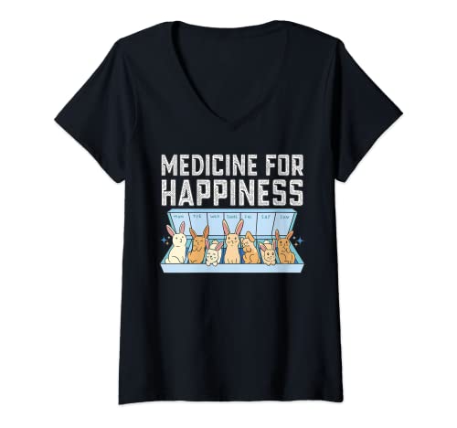 Damen Funny Bunnies, Medicine For Happiness Rabbits T-Shirt mit V-Ausschnitt Damen Funny Bunnies, Medicine For Happiness Rabbits T-Shirt mit V-Ausschnitt von Bunny Shirts and Bunny Hoodies for Rabbit Lovers