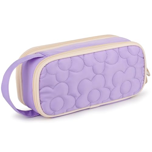 Federmäppchen für Mädchen, Blümchen-Stepp-Design, große Kapazität, Stiftetui mit 2 Fächern, Reißverschlusstasche mit Griff, weiches Federmäppchen für die Mittel- und Oberstufe, Büro und College von Bunnychic