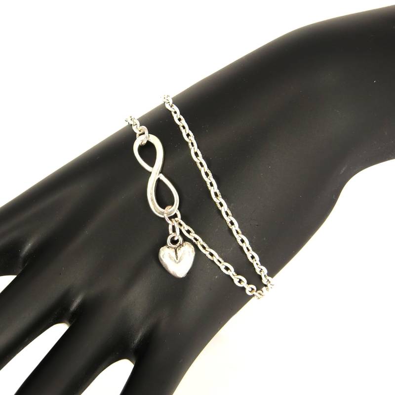 Armband Infinity Unendlichkeit Lagenlook Herz Anhänger Valentinstag Geschenk Frau Mädchen 2-Reihig Silberfarben, By Buntmixxdesign von BuntMixxDesign