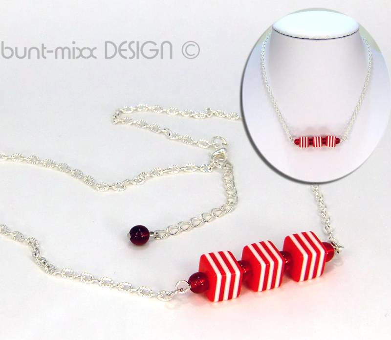 Kette Rot Weiß, Würfel Perlen, Gliederkette Silberfarben, Geschenkidee Für Sie, Geometrisch, Made By Buntmixxdesign © von BuntMixxDesign