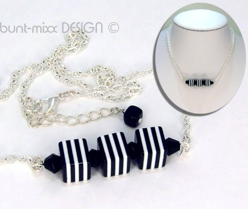 Kette Schwarz Weiß, Würfel Perlen, Gliederkette Silberfarben, Geschenkidee Für Sie, Geometrisch, Made By Buntmixxdesign © von BuntMixxDesign