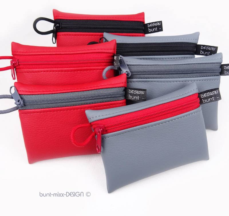 Mini Täschchen Portemonnaie, Kunstleder Rot Oder Grau, Kartenetui Kleingeld Kopfhörer Kleinkram, Geschenk Männer, Made By Buntmixxdesign © von BuntMixxDesign