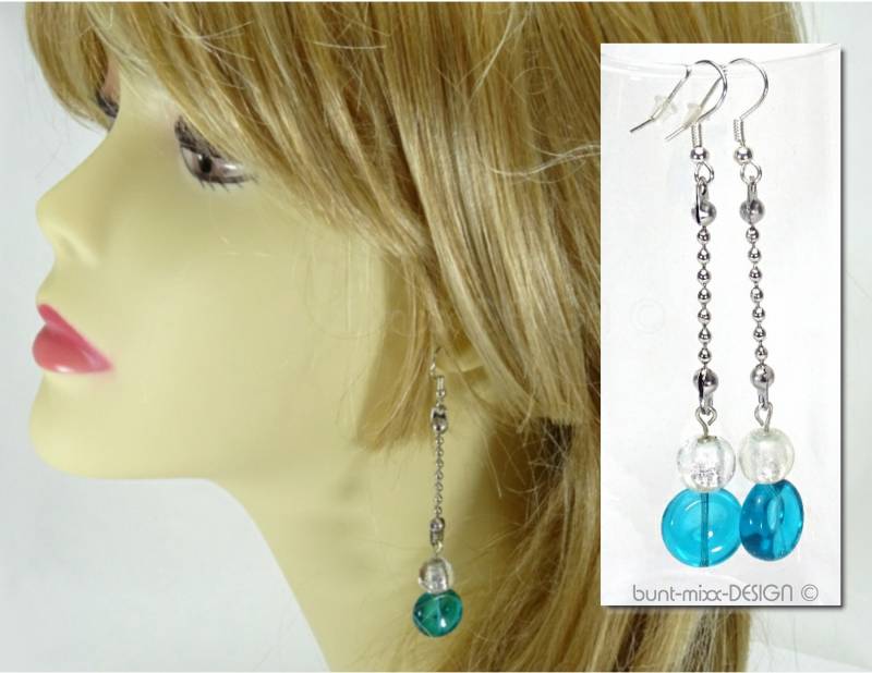 Ohrhänger Türkisblau Lang, Kugelkette Ohrschmuck, Aqua Blau Glasperlen Silbereinzug, Silverlined Glasbeads, Boho Hippie Style Buntmixxdesign von BuntMixxDesign