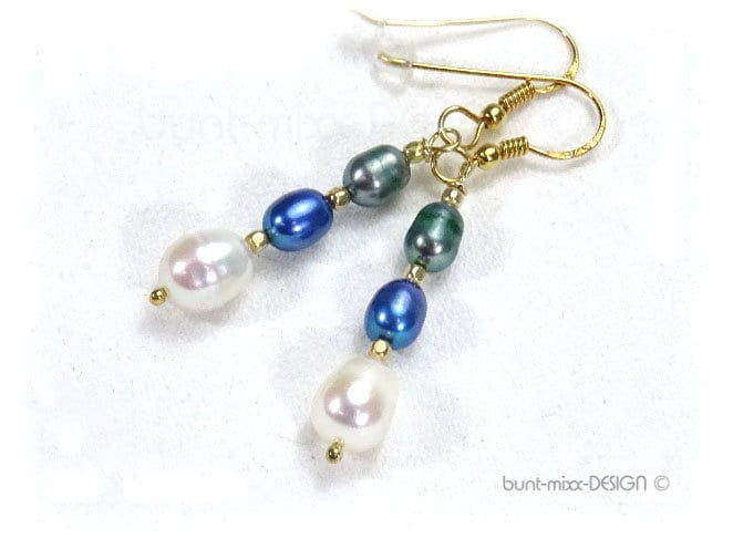 Ohrhänger Zuchtperlen Weiss Blau Goldfarben, Silber Vergoldet, By Buntmixxdesign © von BuntMixxDesign