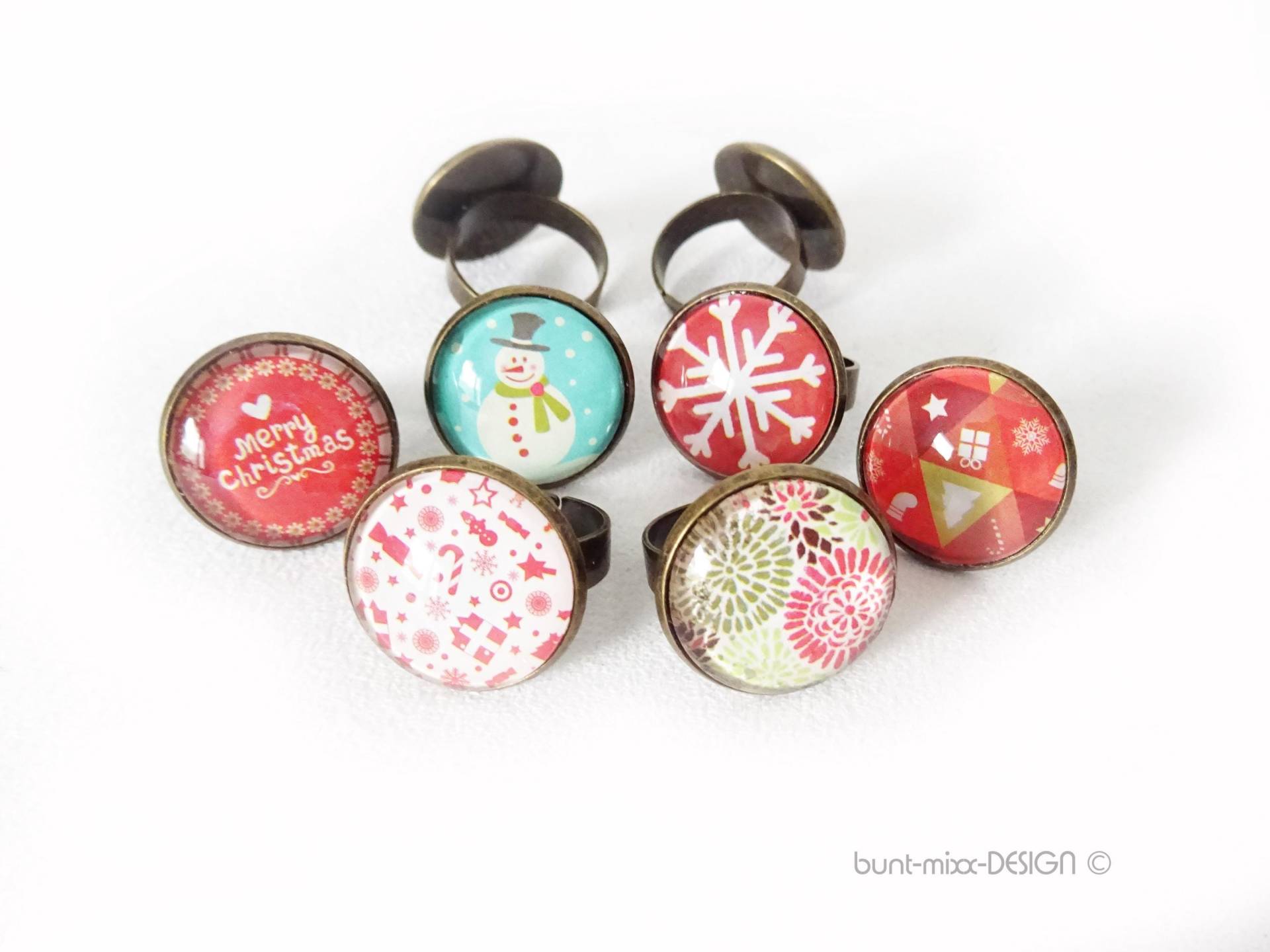 Ring Verstellbar Bronzefarben, Glas Cabochon Mit Motiv Winter Schneemann, Zuckerstange, Weihnachtsring, Handmade By Buntmixxdesign von BuntMixxDesign
