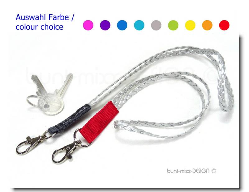 Schlüsselband Farbe Silber Matt Zopf Geflochten, Schlüsselfinder Schlüsselanhänger Lang Karabiner, Wristlet Keyfinder Silver-Colour Red Grey von BuntMixxDesign