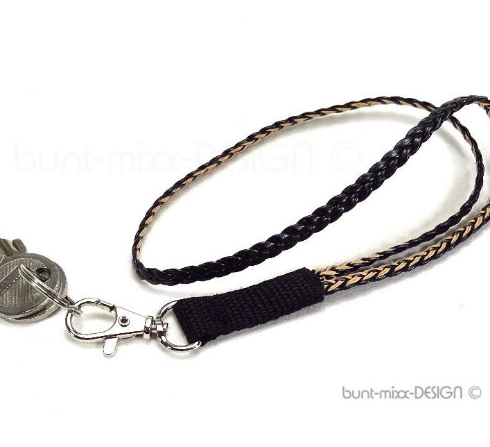 Schlüsselband Schwarz Braun Camel Kunstleder Geflochten, Schlüsselfinder Schlüsselanhänger Lang Karabiner, By Buntmixxdesign © von BuntMixxDesign