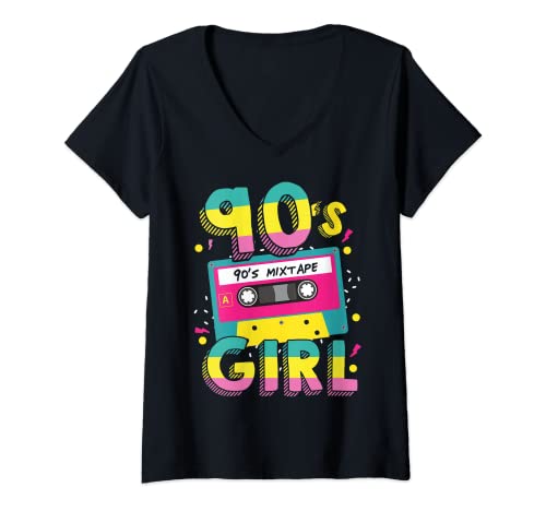 Damen 90s Girl 90er Jahre Party Neunziger Kostüm Frauen Geschenk T-Shirt mit V-Ausschnitt von Bunte 90s Girls Retro Kostüm Design Geschenke