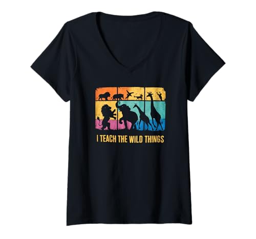 Damen Lustiger Lehrer Tierklasse Wilde Kinder Humor Retro T-Shirt mit V-Ausschnitt Damen Lustiger Lehrer Tierklasse Wilde Kinder Humor Retro T-Shirt mit V-Ausschnitt von Bunte Klassentiere Lehrer Dschungel Unterricht