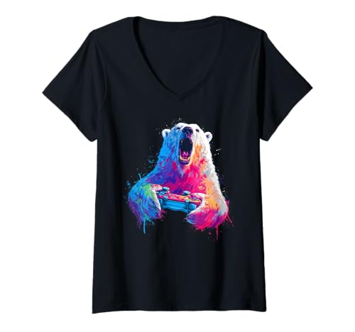 Damen Gaming Eisbär Bunt Headset Kunst Gamer Eisbär T-Shirt mit V-Ausschnitt von Bunte Künstlerische Eisbären Gamer Tiermotive
