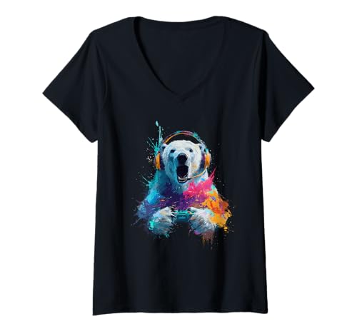 Damen Gaming Eisbär Bunt Headset Kunst Gamer Eisbär T-Shirt mit V-Ausschnitt von Bunte Künstlerische Eisbären Gamer Tiermotive