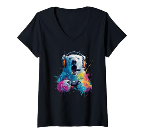 Damen Gaming Eisbär Bunt Headset Kunst Gamer Eisbär T-Shirt mit V-Ausschnitt von Bunte Künstlerische Eisbären Gamer Tiermotive